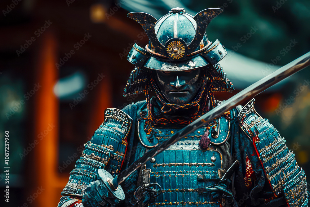 Fototapeta premium Warrior Spirit Samurai in Traditional Armor Wielding Sword Gazing Ahead