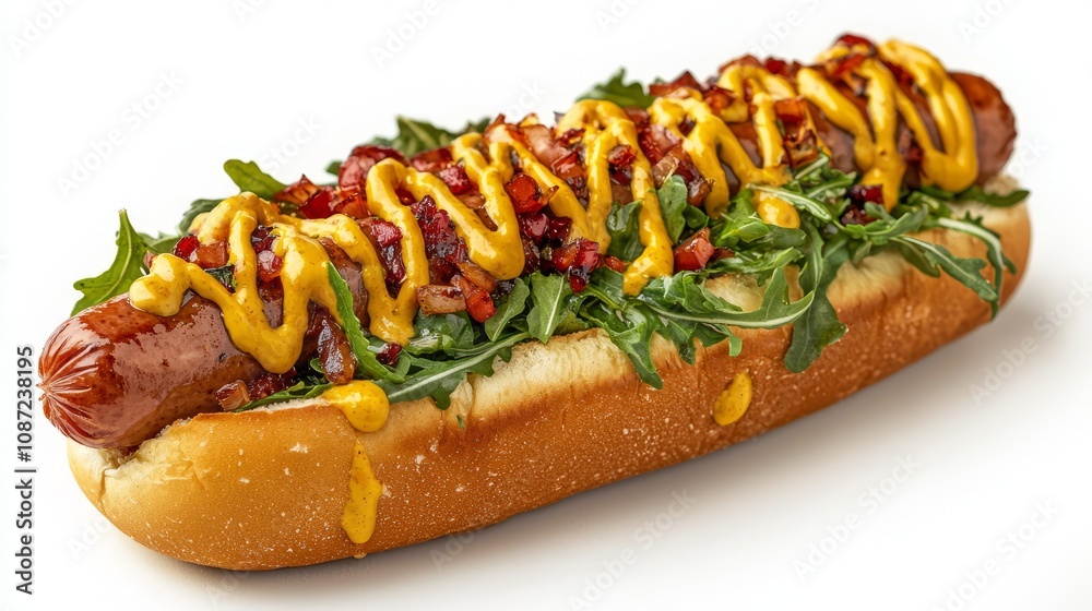 Gourmet Hot Dog with Toppings and Mustard Drizzle Gourmet Hot Dog with Toppings and Mustard Drizzle