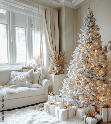 White living room decorated for Christmas with white Christmas tree and gift boxes