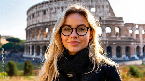 Cheerful young woman with blonde hair and glasses posing in front of the Colosseum in Rome on a sunny day