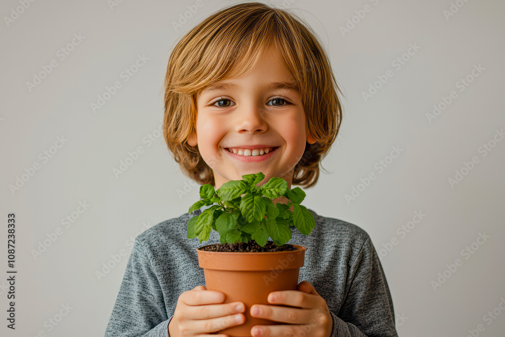 Happy kid with plant ready to garden on white background Happy kid with plant ready to garden on white background
