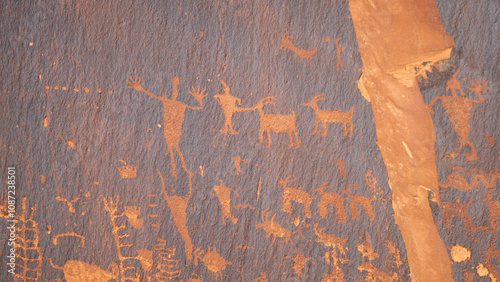 Detail of indigenous culture Petroglyphs etch in the walls along Potash Road in Moab Utah