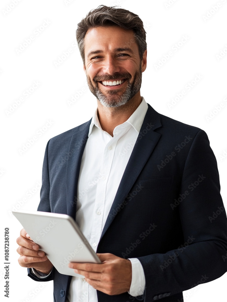 Smiling Businessman in Formal Wear Using a Tablet against transparent background for Professional Context Smiling Businessman in Formal Wear Using a Tablet against transparent background for Professional Context