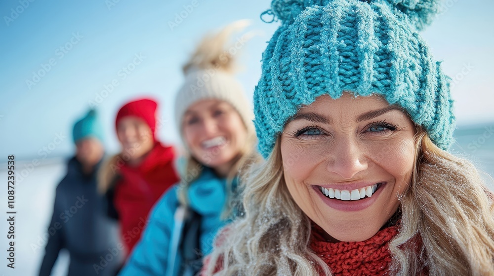 A vibrant group of women, each wearing colorful winter hats, smiling and enjoying their time outdoors in a snowy landscape, representing joy and togetherness. A vibrant group of women, each wearing colorful winter hats, smiling and enjoying their time outdoors in a snowy landscape, representing joy and togetherness.