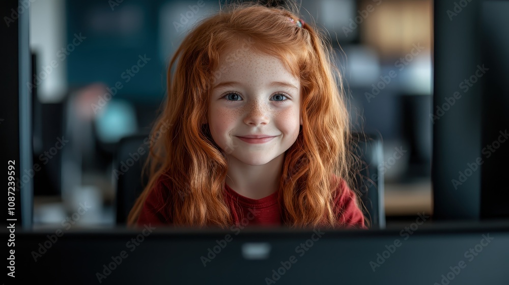 A young girl with vibrant red hair is intently using a computer in a classroom, symbolizing dedication and engagement in modern educational technology. A young girl with vibrant red hair is intently using a computer in a classroom, symbolizing dedication and engagement in modern educational technology.