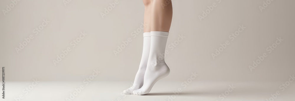 Fototapeta premium Mockup of white long tiptoe socks side view, high gaiters on women ankles, isolated on background. Stylish casual footwear template, pair apparel on feet for design, print, pattern, branding. High qua