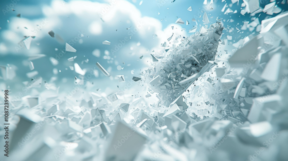 A white cloud of debris is flying through the air. Concept of destruction and chaos A white cloud of debris is flying through the air. Concept of destruction and chaos