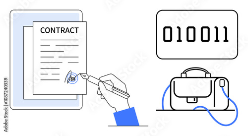 Digital signature on contract document, binary code, and a briefcase. Ideal for legal services, business transactions, digital security, cloud computing, e-contracts, corporate operations