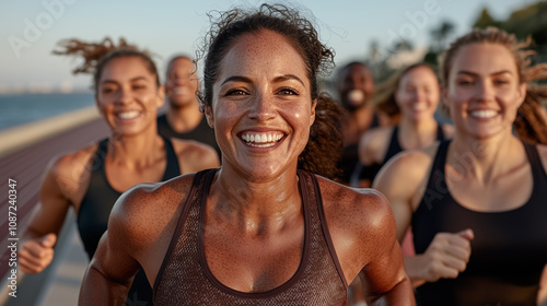 Energetic Group of Friends Running Together at Sunset on a Beautiful Outdoor Track, Showcasing Joy, Fitness, and Teamwork During an Evening Workout
