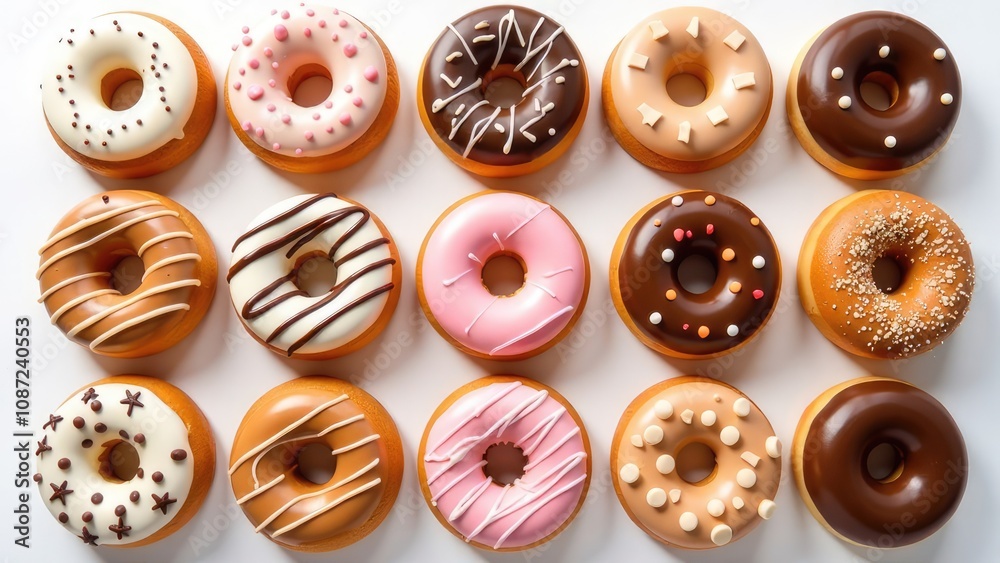 Obraz premium pink, white, chocolate donuts on white and pink background, delicious desserts