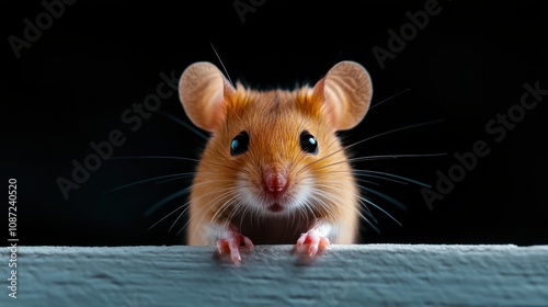 A tiny brown mouse with strikingly bright eyes gazes intently, set against a dark background, highlighting themes of curiosity, wonder, and playful innocence. photo