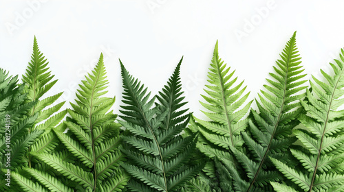 Row of lush green fern leaves arranged in a pattern against a plain white background, exhibiting diverse shades of green and intricate, detailed textures