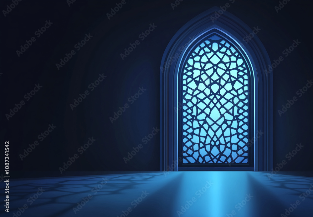 A dark room is illuminated by a glowing, intricately designed arched window A dark room is illuminated by a glowing, intricately designed arched window