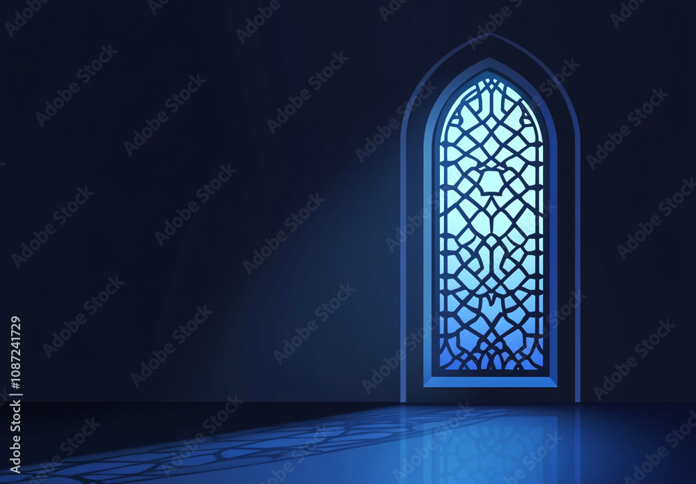Intricate latticework fills a tall arched window, glowing blue in a dark room Intricate latticework fills a tall arched window, glowing blue in a dark room