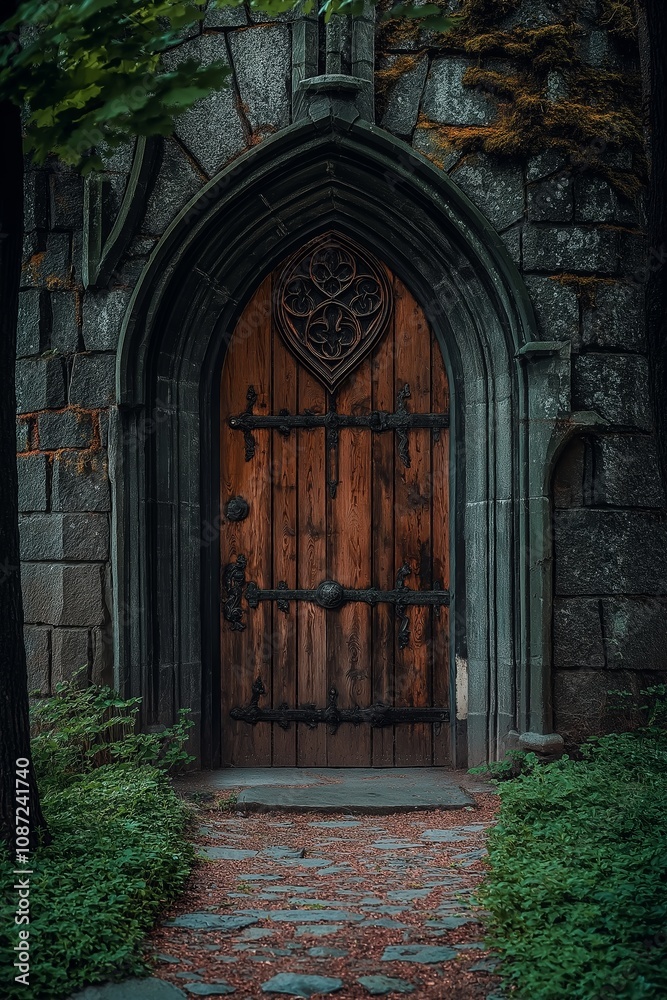A medieval wooden door surrounded by mossy stone, portraying mystery and age. A medieval wooden door surrounded by mossy stone, portraying mystery and age.
