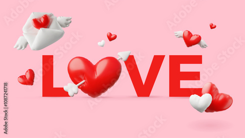 Red word LOVE with realistic 3D glossy inflated balloon hearts, arrow and letter with wings, romantic typographic design