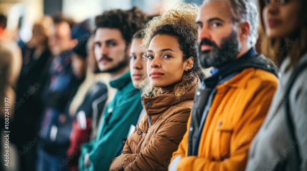 A vibrant scene of people standing in line at a polling station, eagerly waiting to cast their votes during an election A vibrant scene of people standing in line at a polling station, eagerly waiting to cast their votes during an election