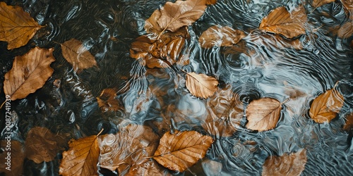 Brown leaves drift atop flowing water, symbolizing change and the perpetual cycles in a tranquil autumn scene. photo