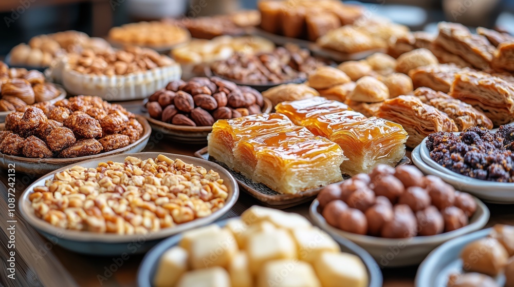 Close-up of Arabic breakfast pastries and sweets, featuring baklava and mamoul showcasing exquisite detail and cultural richness. Culinary artistry concept Close-up of Arabic breakfast pastries and sweets, featuring baklava and mamoul showcasing exquisite detail and cultural richness. Culinary artistry concept