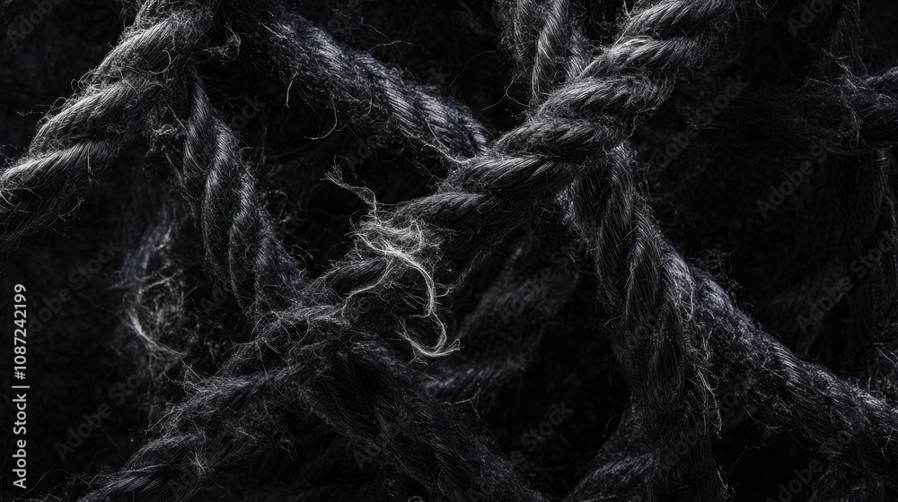 Fototapeta premium Close-up of a fraying rope, its fibers splitting and curling, representing vulnerability on a black canvas.