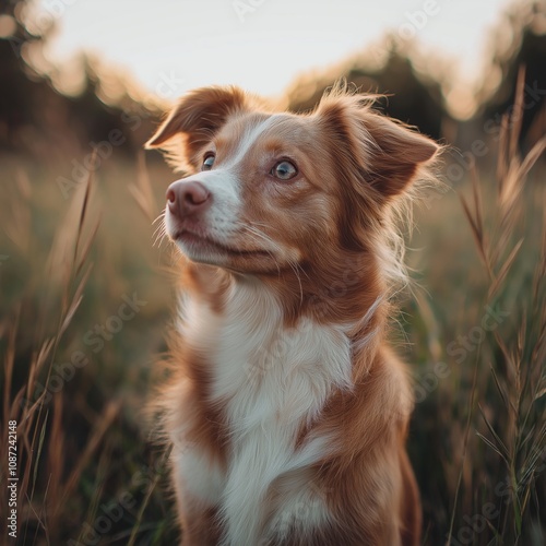 A keen-eyed dog standing attentively in a field at sunset, capturing nature's calm and the dog's focused gaze. photo