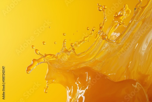 Energetic splash of yellow liquid captures motion and vibrancy on solid yellow background, expressing a lively essence. photo