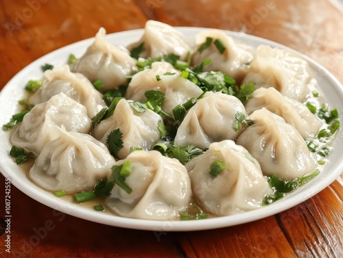 plate of steamed dumplings adorned with glossy savory sauce, vibrant cilantro, and green onions, set against a rustic wooden table, exuding warmth and appetizing aroma