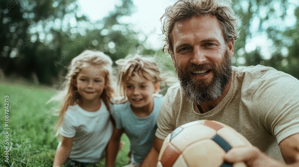 A bearded father enjoys time outdoors with his two kids, playing soccer on the lush green grass, fostering family bonding and happiness in a natural setting. A bearded father enjoys time outdoors with his two kids, playing soccer on the lush green grass, fostering family bonding and happiness in a natural setting.