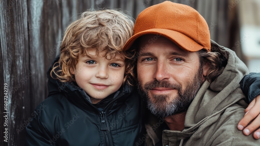 A father and son pose together, showcasing their close bond and joyful expression in casual attire, reflecting familial love and shared moments in life. A father and son pose together, showcasing their close bond and joyful expression in casual attire, reflecting familial love and shared moments in life.