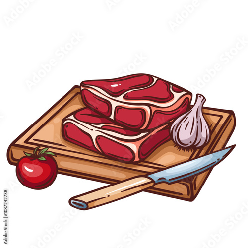 Ribeye steak two slices on rectangular wooden board with knife, garlic and tomato. Outline hand drawn color sketch of rib eye portion to cook, grill. Butchery mascot, steak icon vector illustration
