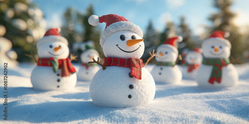 Fototapeta premium In a delightful and picturesque winter scene, numerous cheerful snowmen adorn vibrant festive hats and scarves, all set against a serene snowy landscape that basks under a bright blue sky