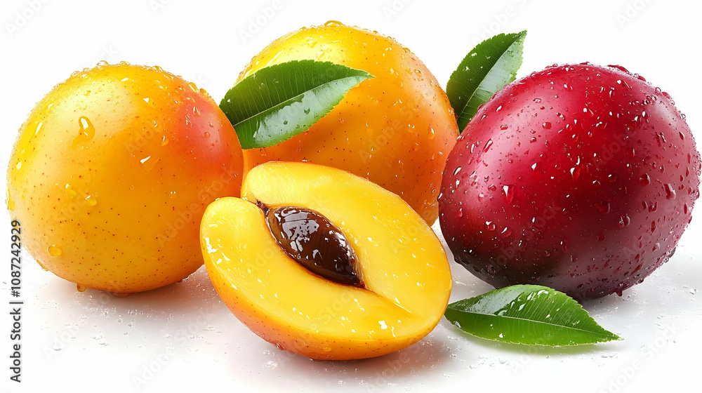 Yellow and Red Plums with Water Drops - Realistic Image Yellow and Red Plums with Water Drops - Realistic Image
