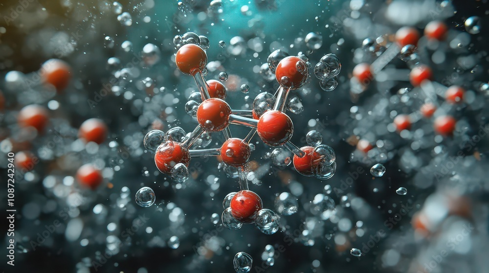 3d rendering of a molecule surrounded by water bubbles, symbolizing scientific study and molecular interactions in a visually engaging way 3d rendering of a molecule surrounded by water bubbles, symbolizing scientific study and molecular interactions in a visually engaging way