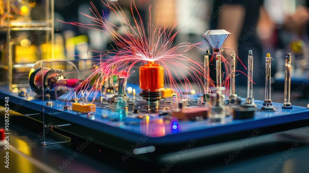 A vibrant display of a physics demonstration showing the strength of electromagnets and their practical applications A vibrant display of a physics demonstration showing the strength of electromagnets and their practical applications