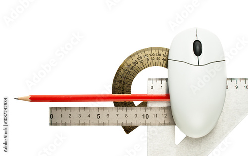 Fotografie Computer mouse and drafting tools
