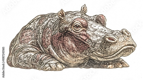 Detailed Hippopotamus Illustration: A Captivating Close-Up of African Wildlife in its Natural Habitat photo