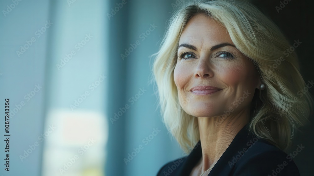 a confident middle-aged blonde businesswoman smiling and gazing off-camera, exuding professionalism and warmth, embodying leadership and success in a modern corporate environment a confident middle-aged blonde businesswoman smiling and gazing off-camera, exuding professionalism and warmth, embodying leadership and success in a modern corporate environment
