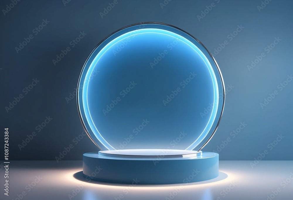 Glass round podium with blue light Glass round podium with blue light