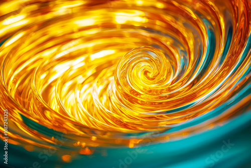 Golden Oil Flow: Mesmerizing ing in Spiral Form on Dark Blue Green Background