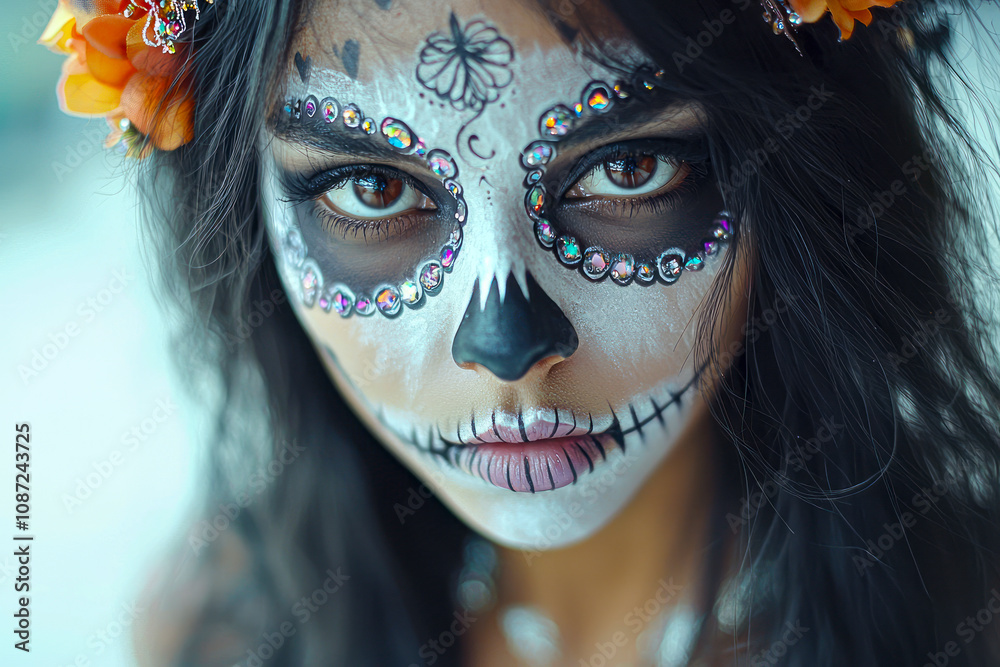 Enchanting Day of the Dead Beauty: A Captivating Girl with Intricate Skull Designs and Vibrant Colors Enchanting Day of the Dead Beauty: A Captivating Girl with Intricate Skull Designs and Vibrant Colors