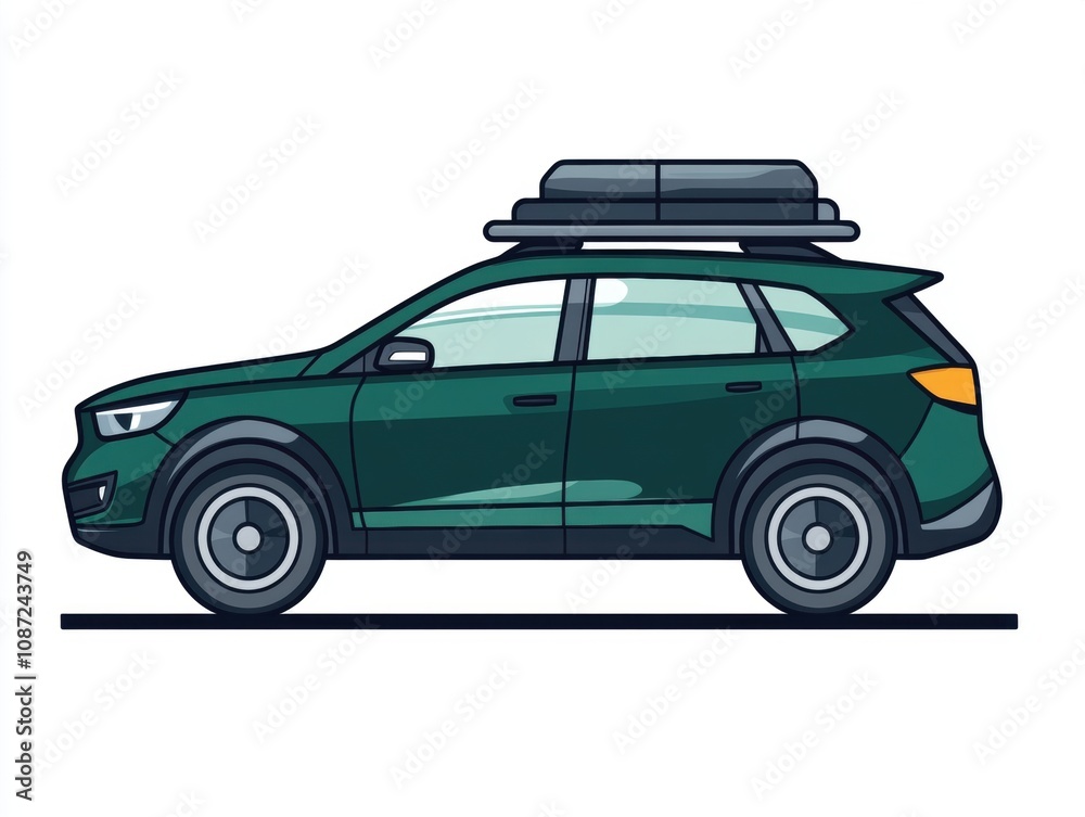 A side view of a green SUV with a rooftop cargo box. A side view of a green SUV with a rooftop cargo box.