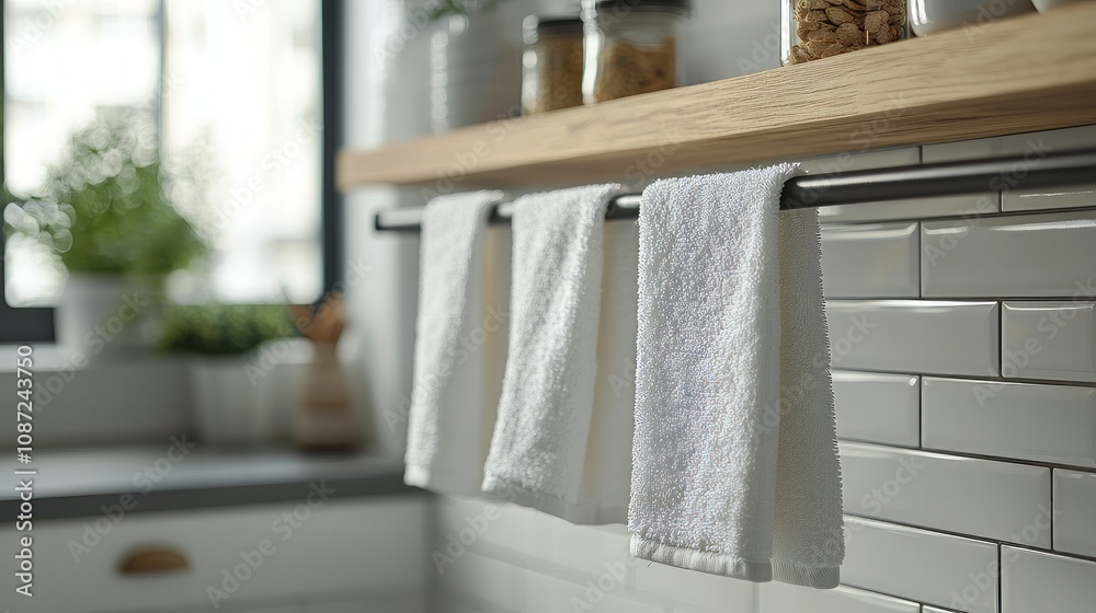 Fresh White Towels in Modern Kitchen Setting Fresh White Towels in Modern Kitchen Setting