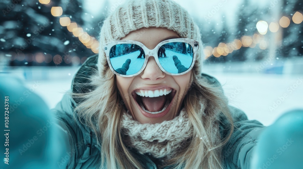 A cheerful woman, equipped with a warm coat, hat, and sunglasses, enjoys the snowy outdoors. Her wide grin and the falling snowflakes suggest a sense of joy and adventure. A cheerful woman, equipped with a warm coat, hat, and sunglasses, enjoys the snowy outdoors. Her wide grin and the falling snowflakes suggest a sense of joy and adventure.