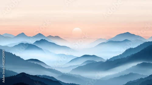 A beautiful sunrise casts soft warm light over a range of misty blue mountains, creating a serene and peaceful atmosphere. Generative AI