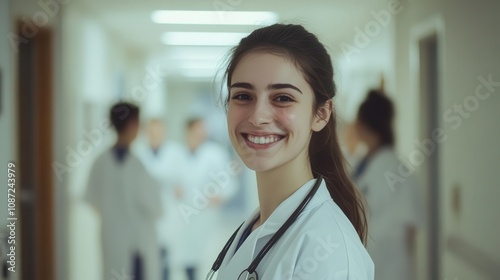 Free Download a professional hospital hallway scene, focusing on a smiling young female doctor standing confidently, with blurred staff members in the background, conveying teamwork and compassion within healthcare - GFXLoad