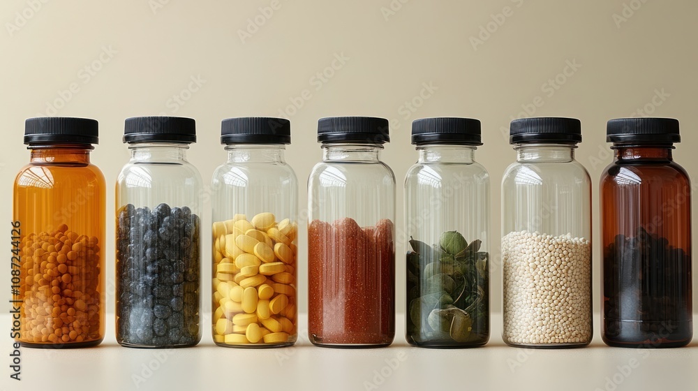 A row of glass jars filled with various colorful ingredients. A row of glass jars filled with various colorful ingredients.