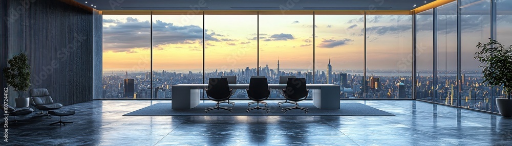 Fototapeta premium Creating a modern office layout with clean aesthetics in a metropolitan environment for enhanced productivity and style