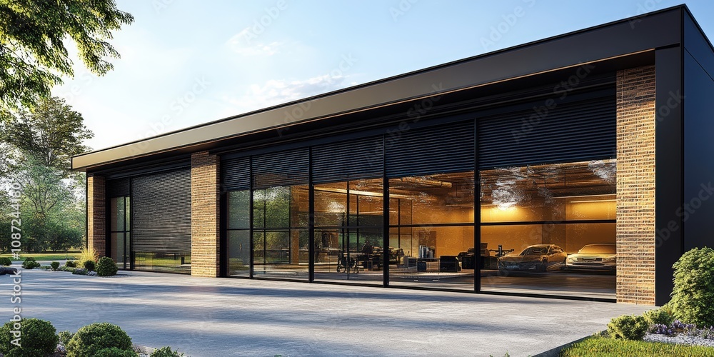 Modern Exterior View of a Contemporary Building with Large Windows Showcasing a Spacious, Well-Designed Interior and Abundant Natural Light Modern Exterior View of a Contemporary Building with Large Windows Showcasing a Spacious, Well-Designed Interior and Abundant Natural Light
