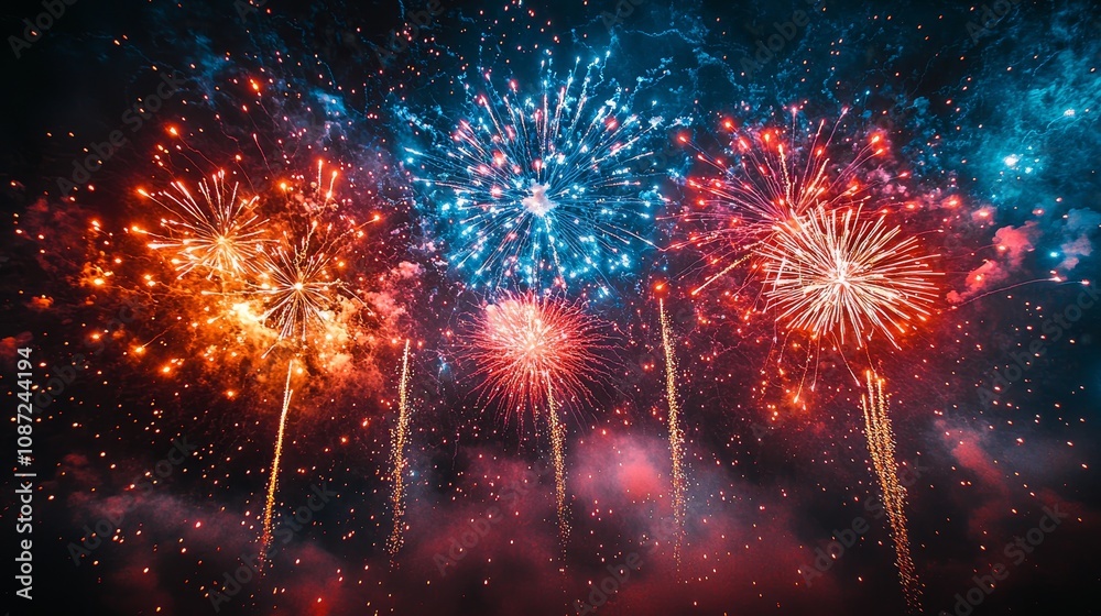 Vibrant fireworks display lighting up the night sky in celebration