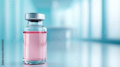 A small glass vial containing a light red liquid sits on a clean, bright surface, emitting a sense of precision, innovation, and modern scientific exploration. photo